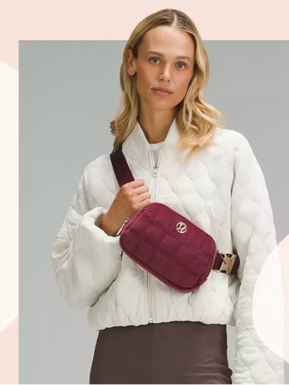 lululemon Quilted Crossbody Belt Bag — Burgundy Velour with Gold Hardware